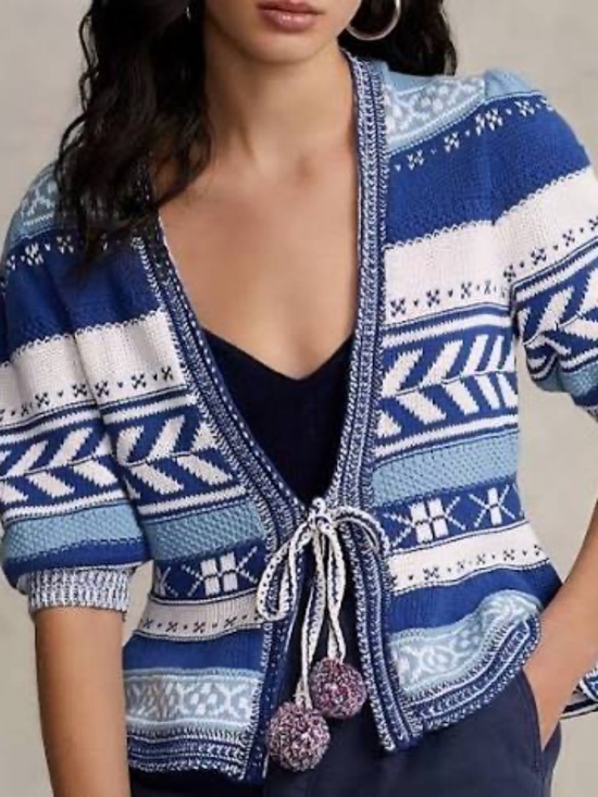 Polo Ralph Lauren Sweaters - Polo Ralph Lauren Geo-Stripe Pom-Pom Linen-Blend Cardigan - size M
